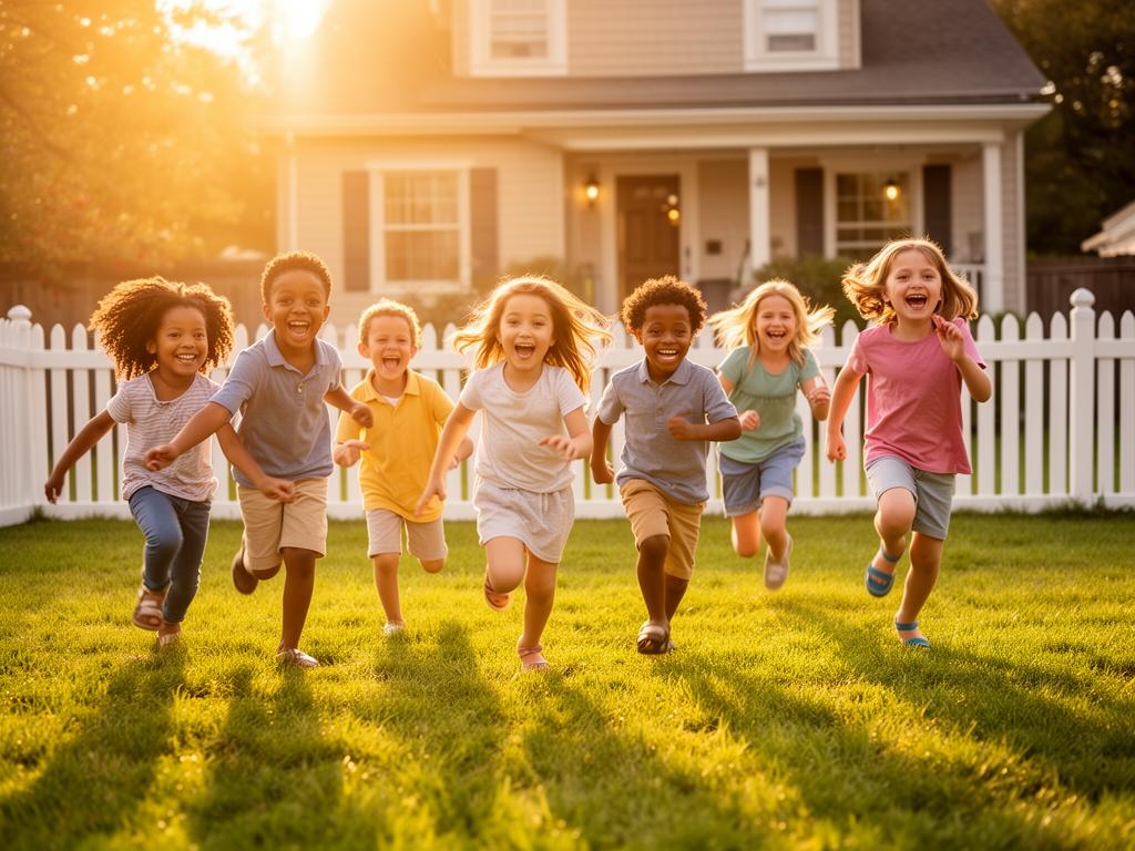 Children playing joyfully in a sunny backyard, representing the hope and happiness that safe, loving homes provide to foster children