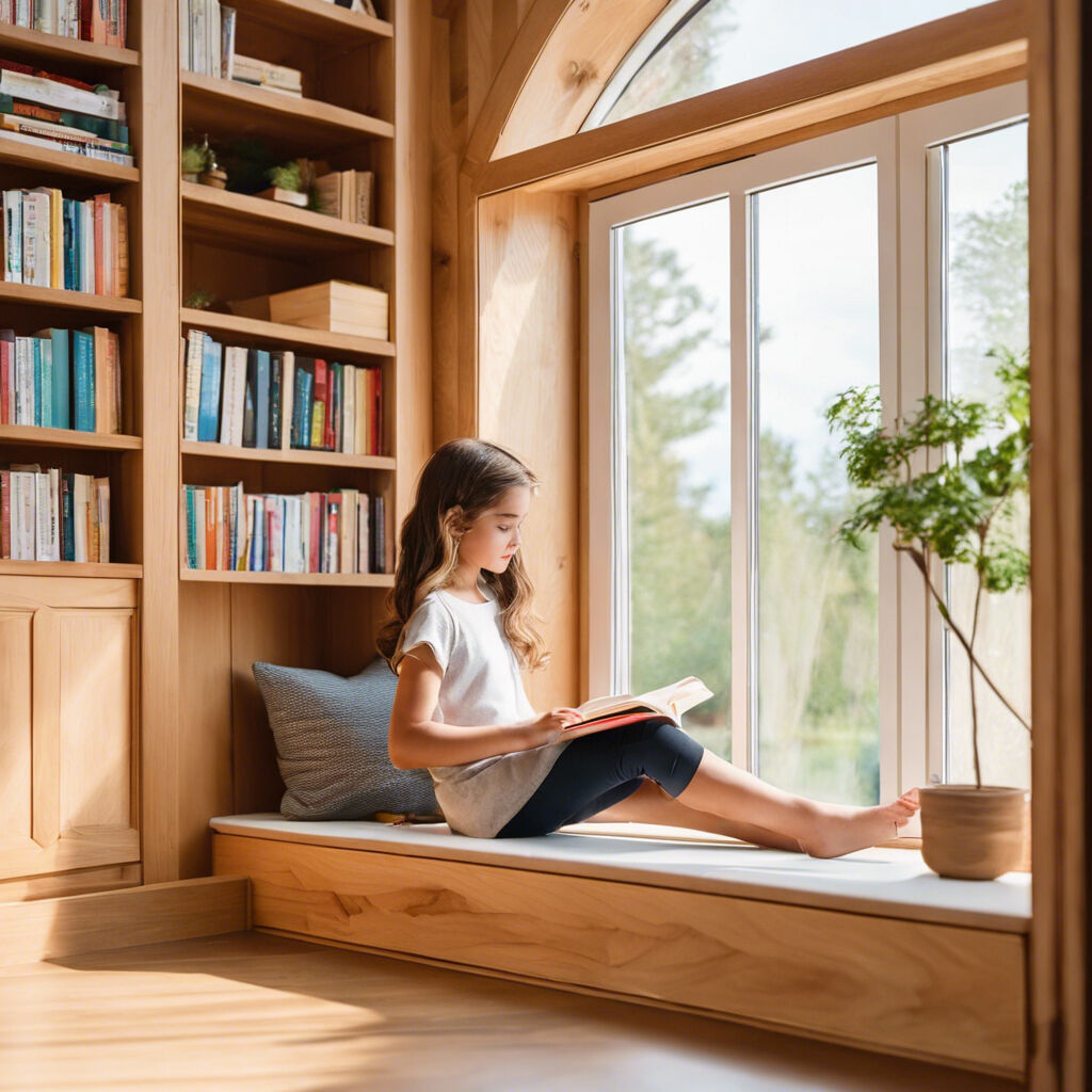 Living space reading area by window with built out storage