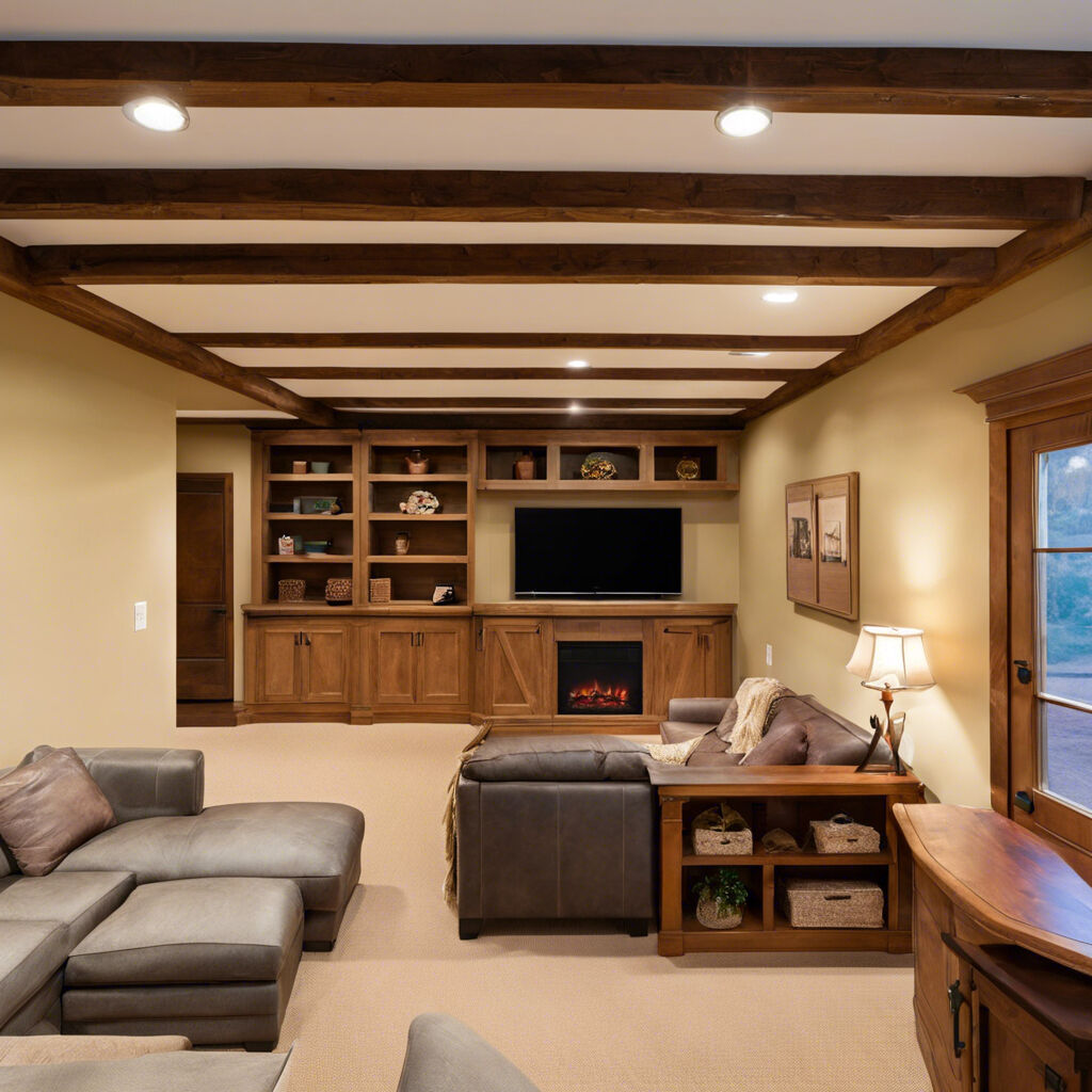 built out living space in home basement with entertainment area