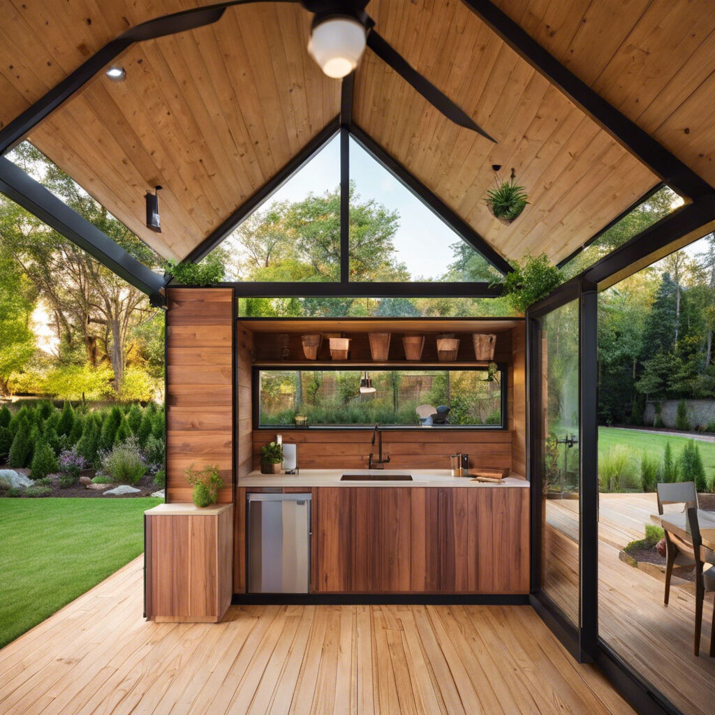 backyard shed living space with kitchenette
