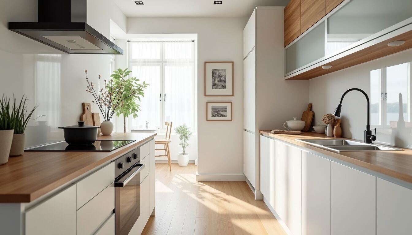Eye-level view of a modern kitchen with white cabinets and wooden countertops
