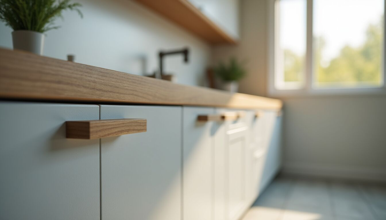 Close-up view of kitchen cabinet hardware and laminate countertop