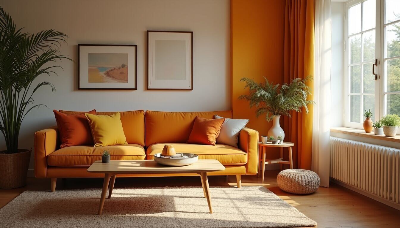 High angle view of a cozy living room with vibrant decor
