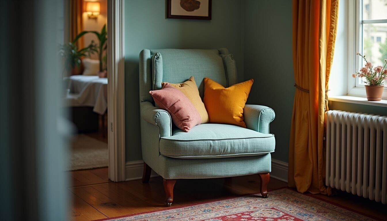 Eye-level view of a vintage armchair with colorful throw pillows