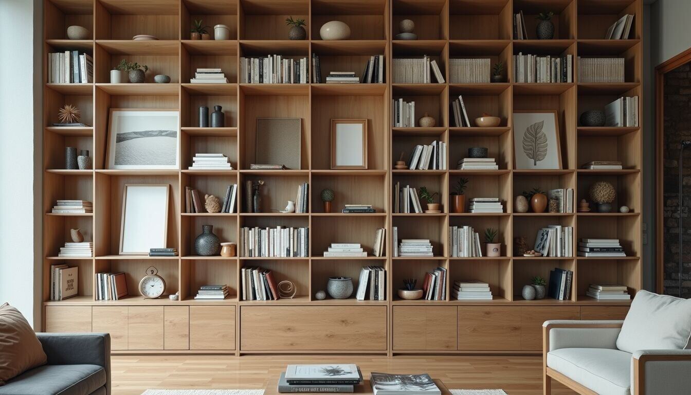 Wide angle view of organized shelves filled with decorative items and books