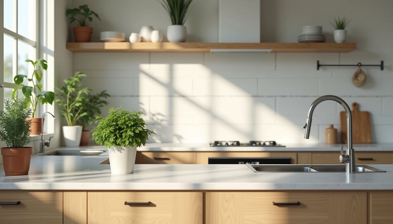 Eye-level view of a beautifully decorated kitchen with fresh plants and updated decor