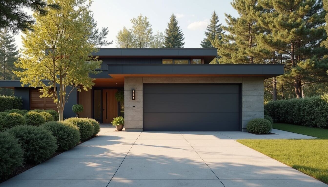 Eye-level view of a modern attached garage connected to a house