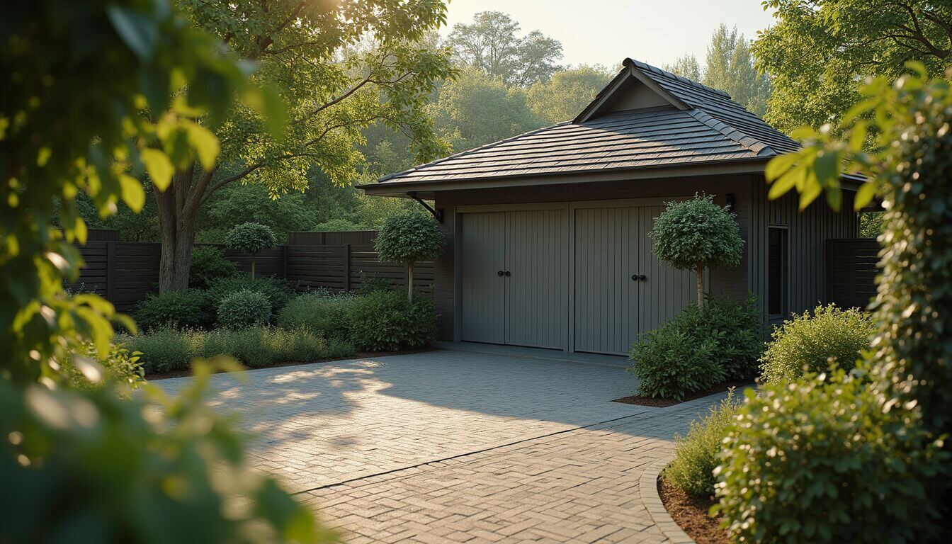 High angle view of a detached garage surrounded by a garden