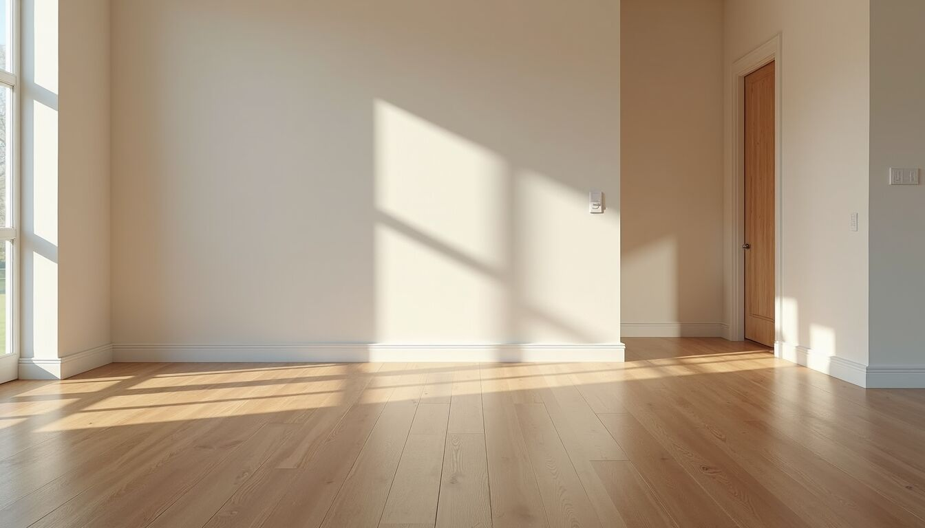Wide angle view of a living room with new hardwood floors and fresh paint