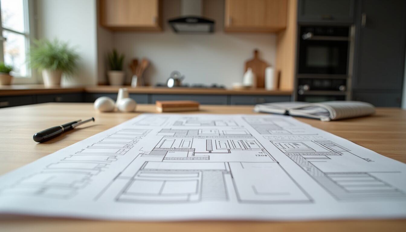 Eye-level view of a modern kitchen renovation plan on a table