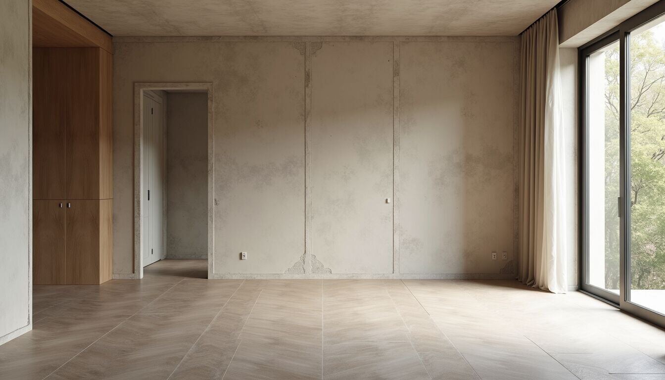 Wide angle view of a partially renovated living room with exposed walls