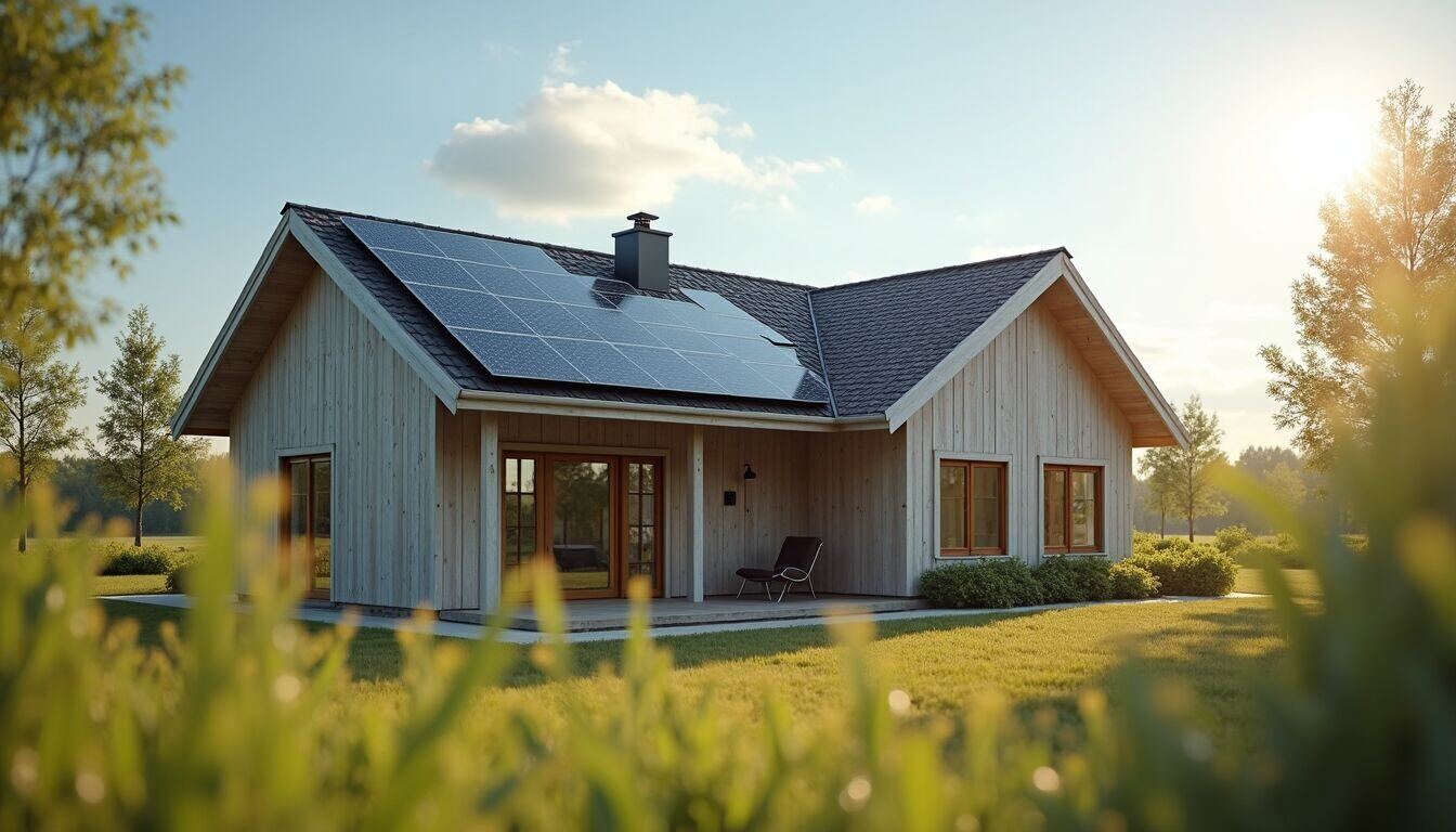 Eye-level view of a modern eco-friendly house with solar panels on the roof