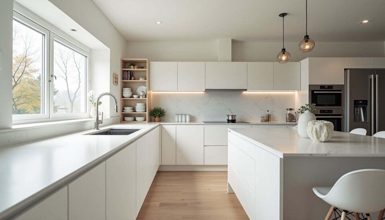 Eye-level view of a modern kitchen with white cabinets and a large island