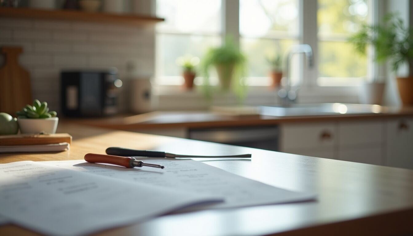 Close-up view of a kitchen countertop with tools and renovation plans