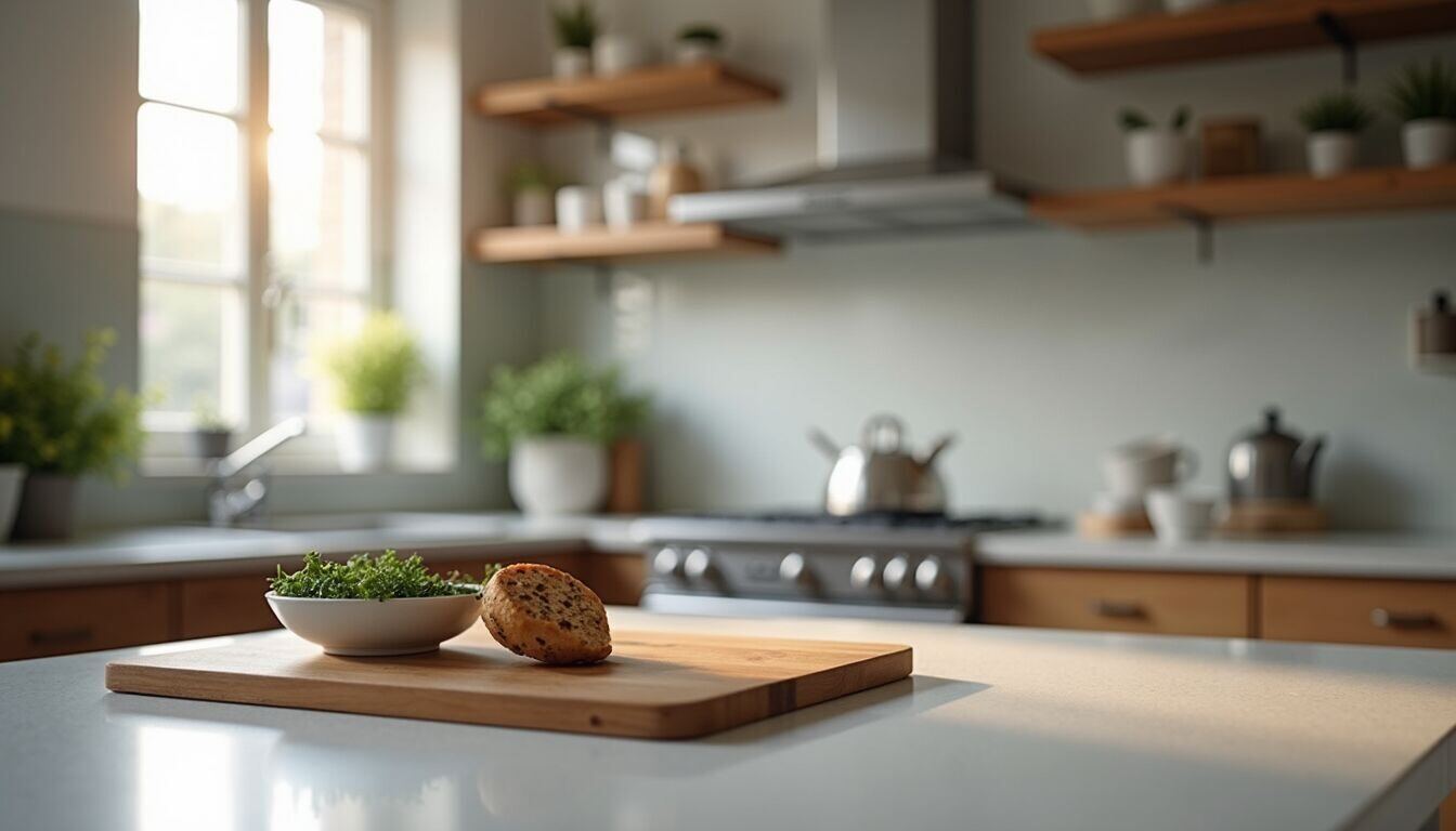 High angle view of a well-organized kitchen countertop