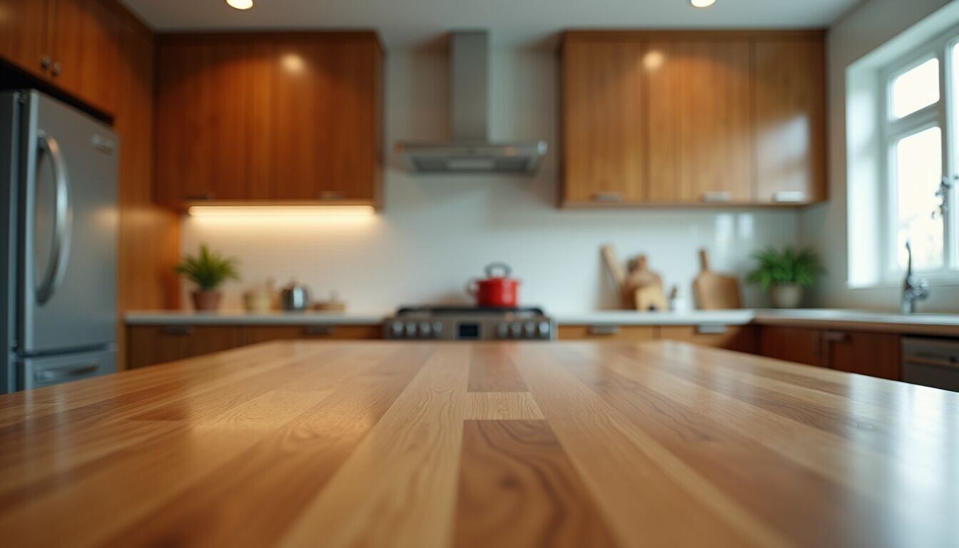Eye-level view of a kitchen island with vibrant lighting