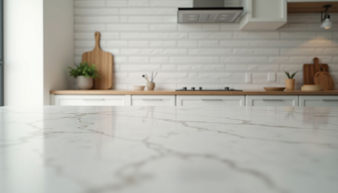 Close-up view of quartz countertop and subway tile backsplash in a modern kitchen