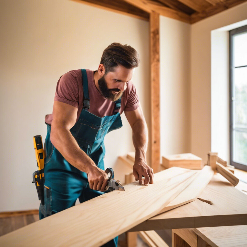 Handyman cutting a piece of lumber for home project