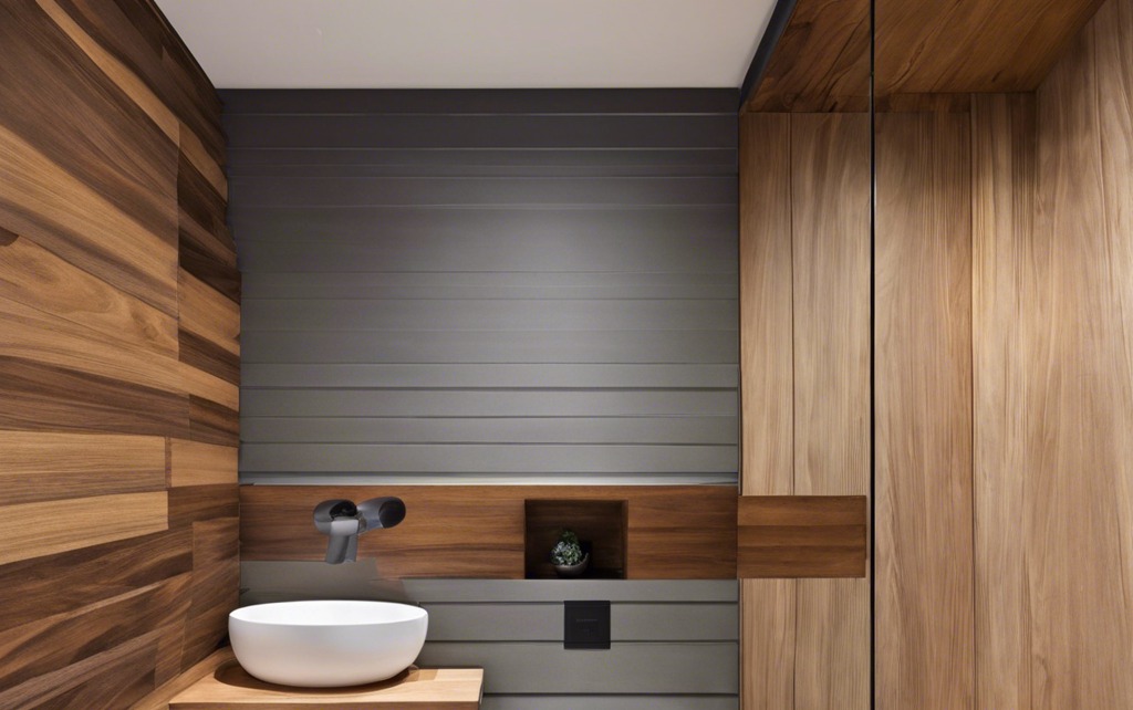 Bathroom remodel with wood wall paneling and white sink