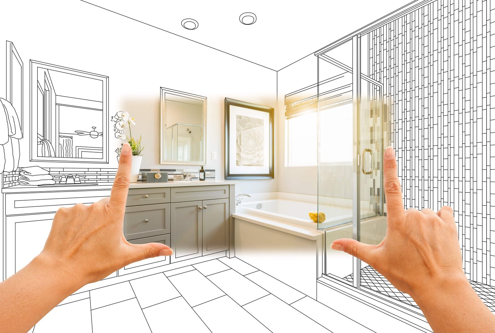 bathroom renovation with two hands in pic sign