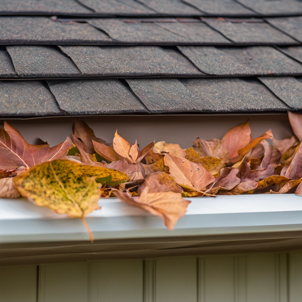 home maintenance cleaning out clogged roof gutter of leaves