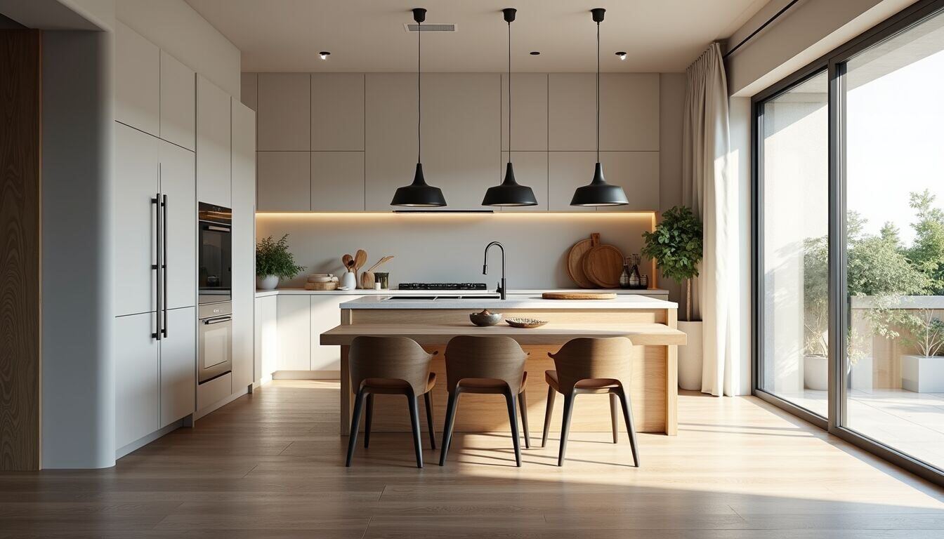 High angle view of modern L-shaped kitchen with island and open floor plan