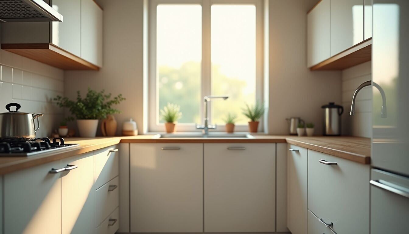 Close-up view of kitchen window with natural light illuminating white cabinets