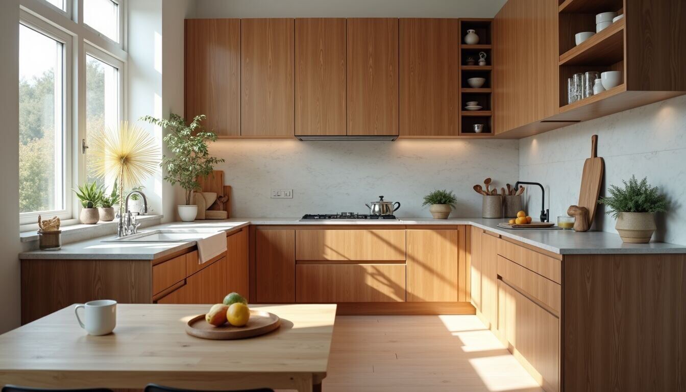 Eye-level view of a modern L-shaped kitchen with wooden cabinets