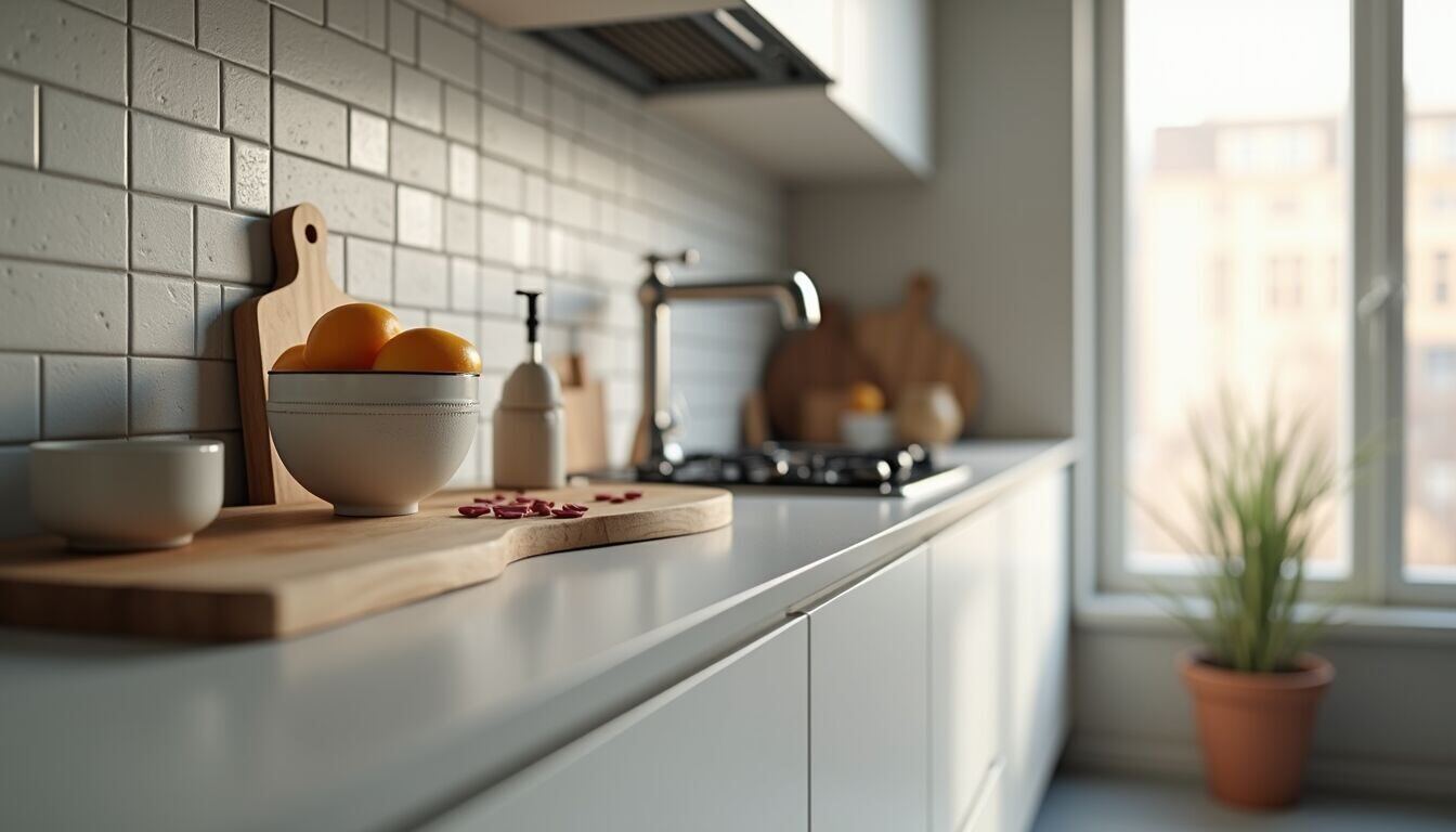 Close-up view of a kitchen countertop with a stylish tile backsplash