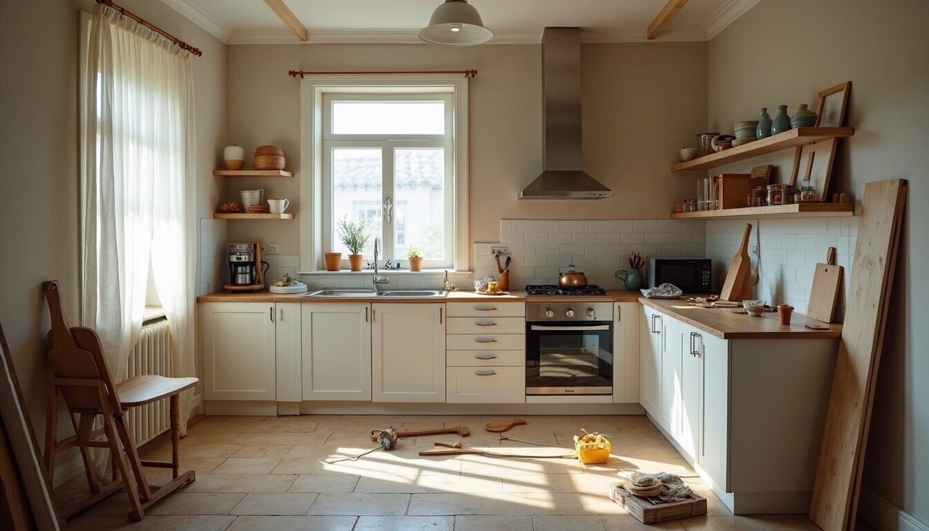 High angle view of a kitchen renovation in progress with tools and materials