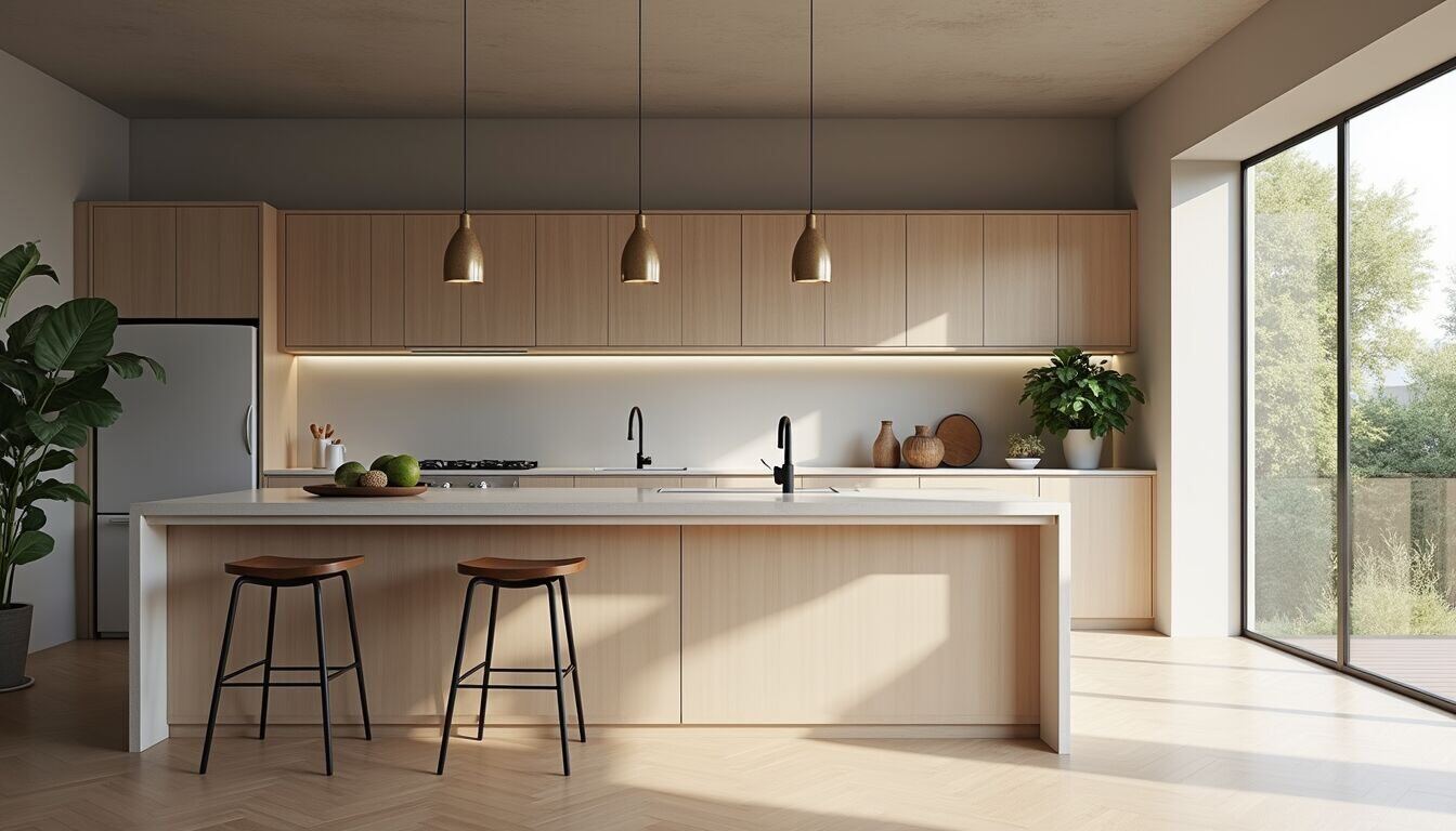 Eye-level view of a contemporary kitchen design mood board