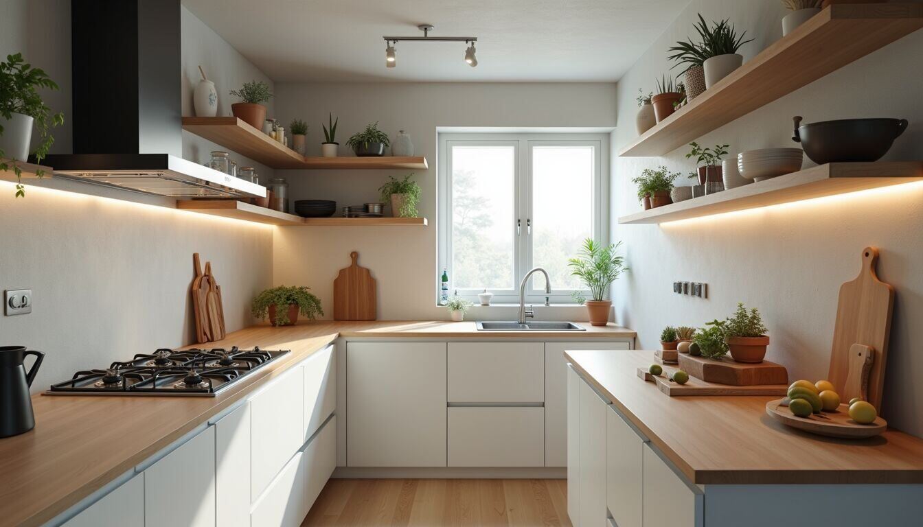 High angle view of a well-organized kitchen with functional layout
