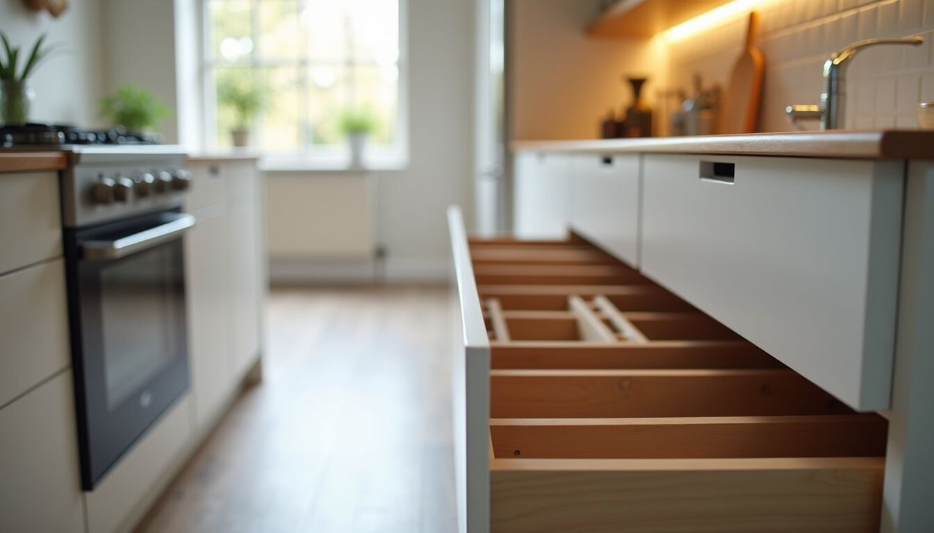 Close-up view of functional kitchen features like drawer dividers and pull-out shelves
