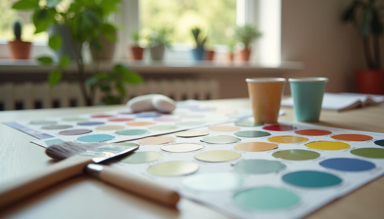 Close-up view of paint swatches and renovation tools on a table