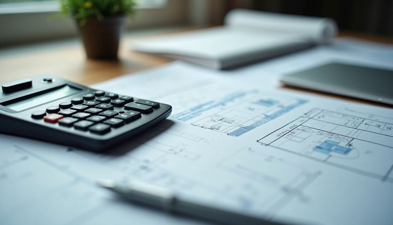 High angle view of a blueprint and calculator on a desk