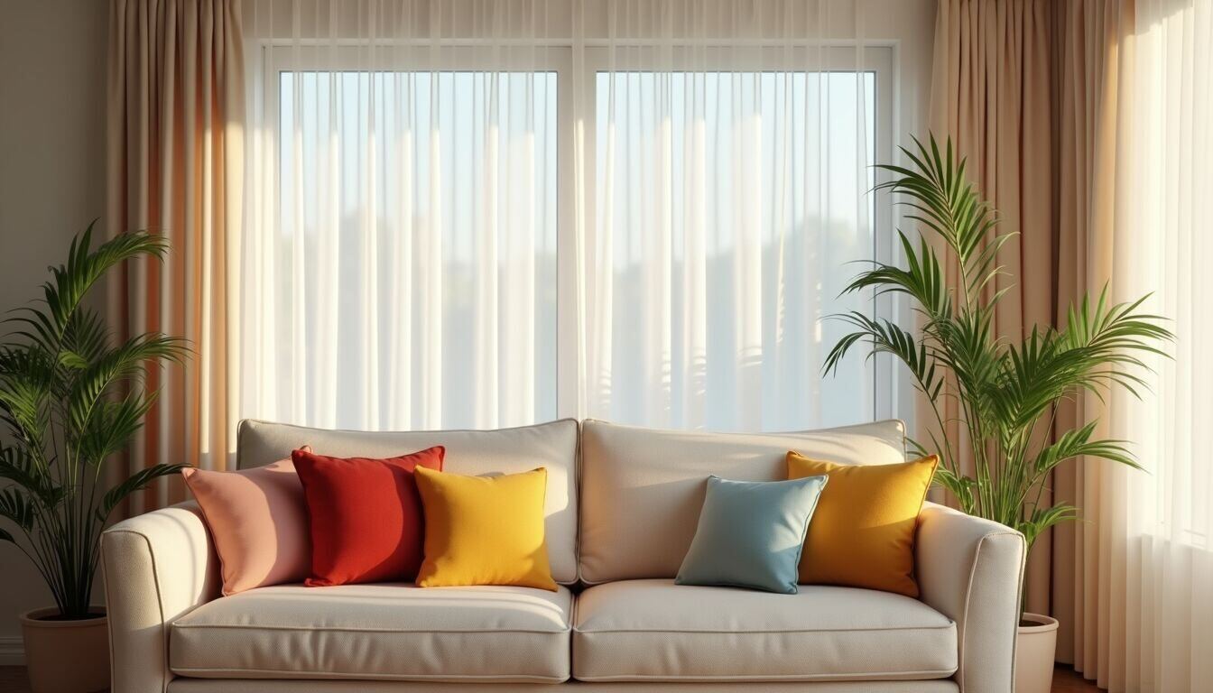 Eye-level view of a bright living room with sheer curtains and colorful pillows