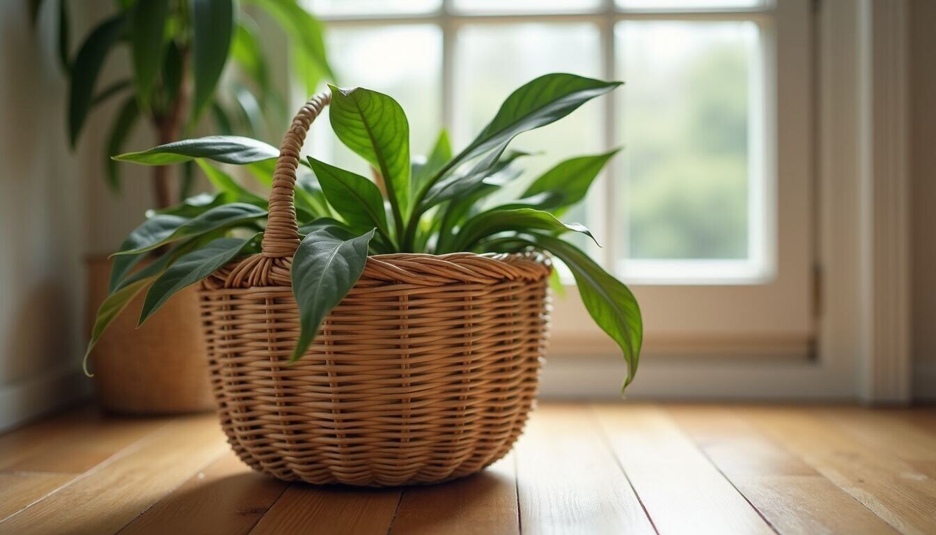 Close-up of a woven basket with a green plant on a wooden floor