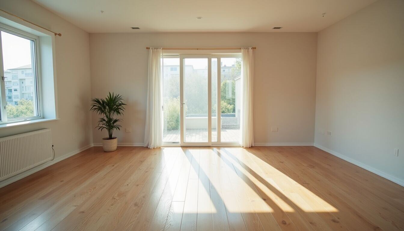 High angle view of a partially remodeled living room with new flooring and fresh paint