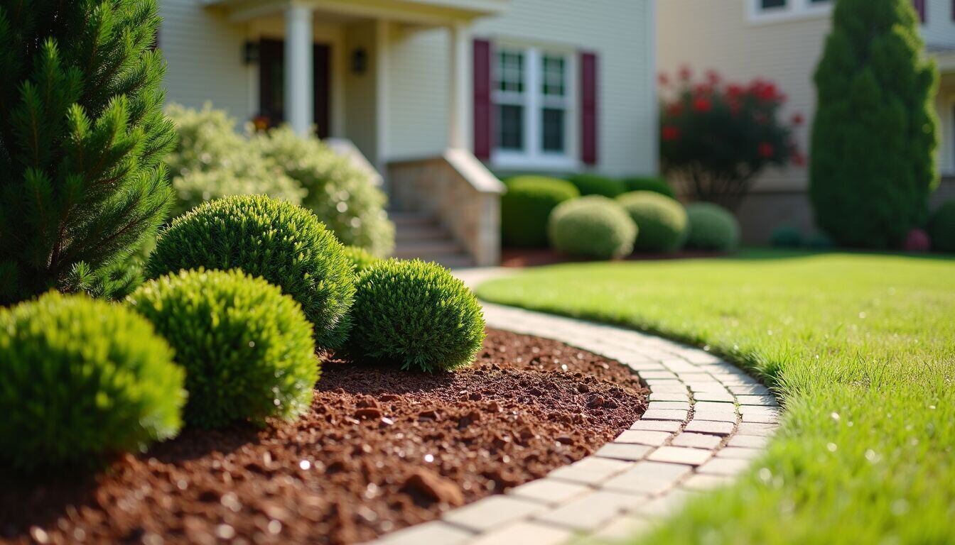 Wide angle view of a landscaped front yard with fresh mulch and shrubs
