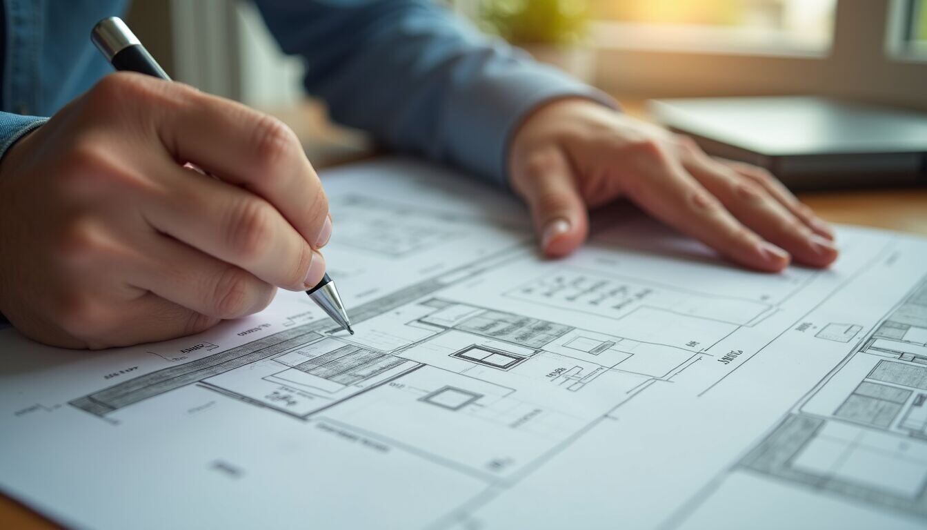 Close-up view of a contractor’s hands reviewing home renovation plans