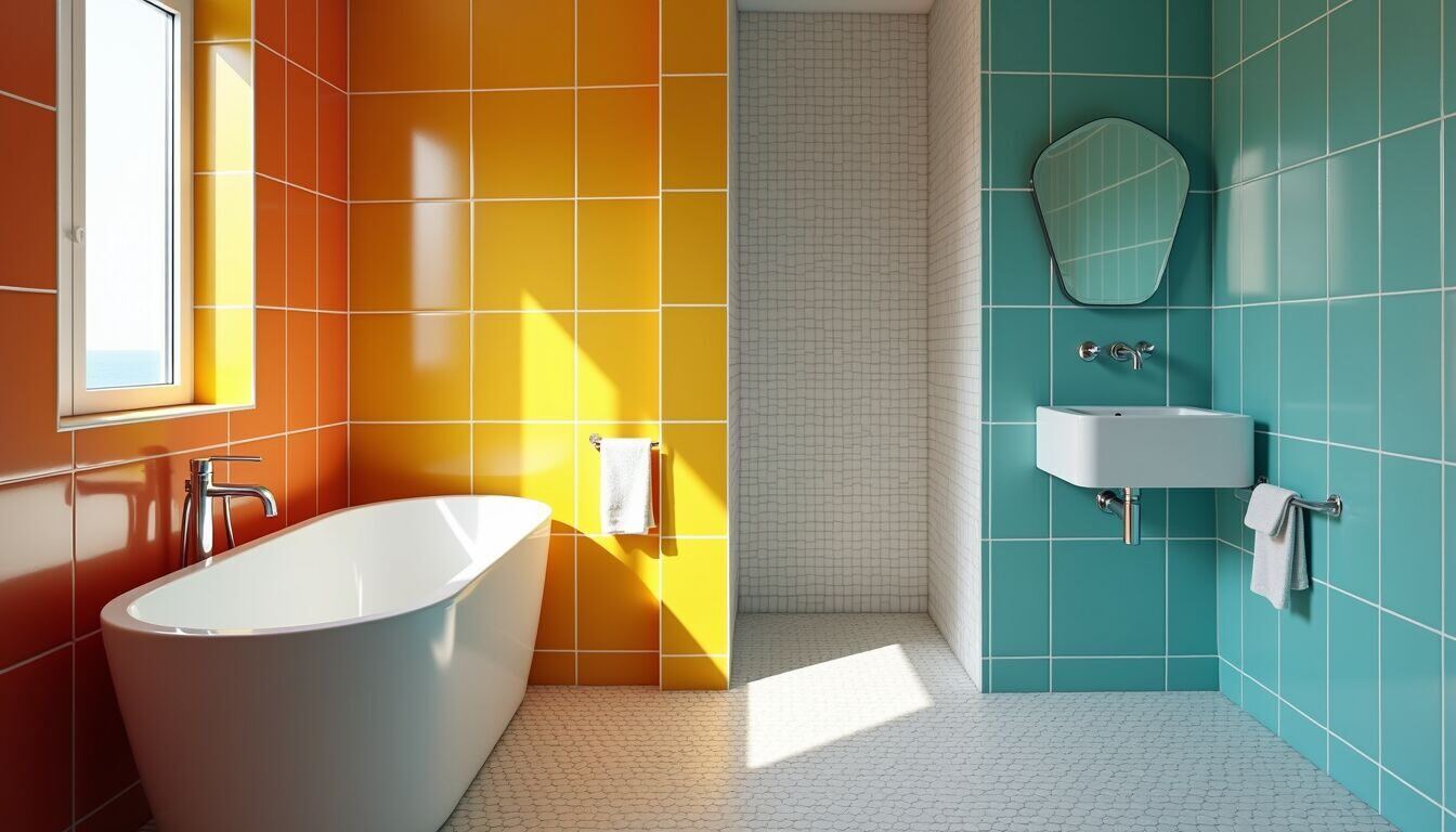 Wide angle view of a colorful tiled bathroom