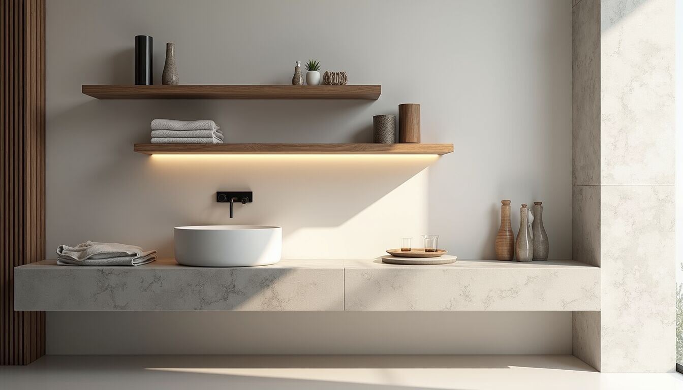 Eye-level view of modern floating shelves in a stylish bathroom