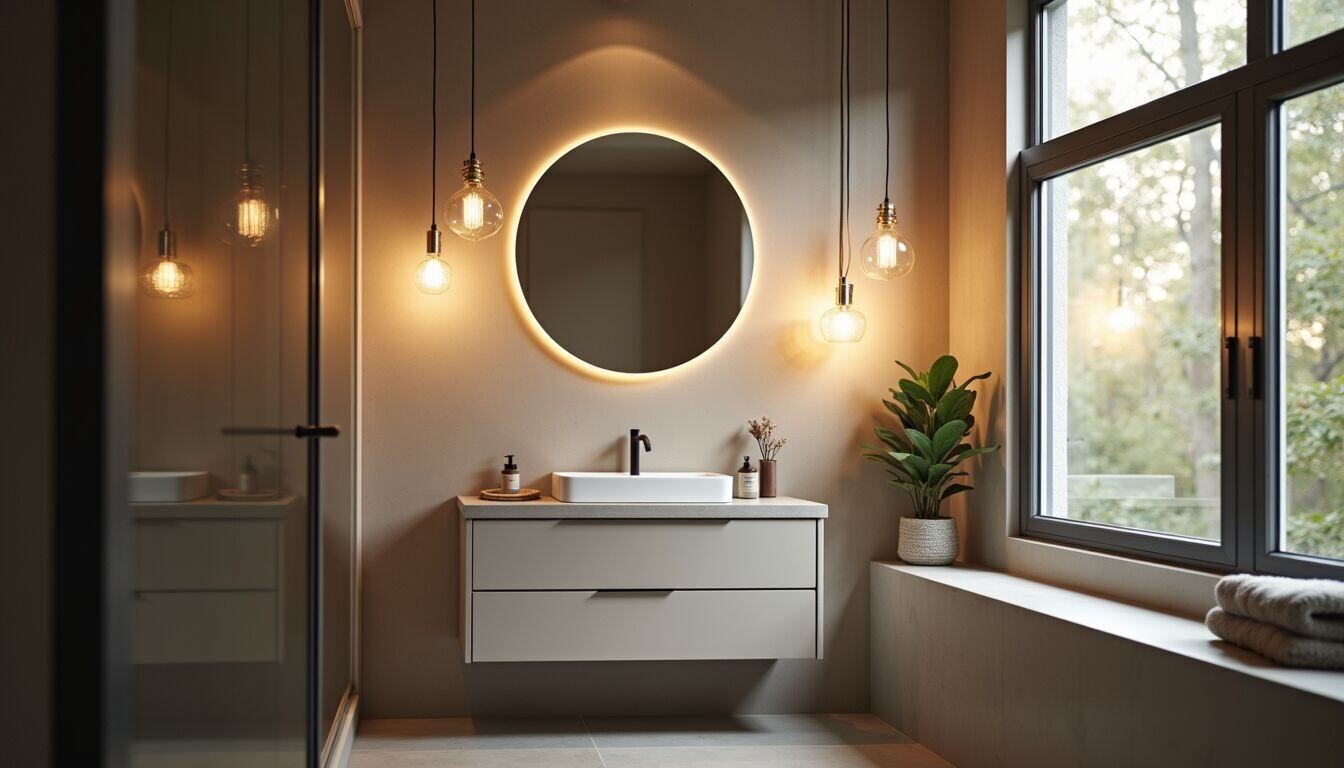 High angle view of stylish pendant lights above a bathroom sink