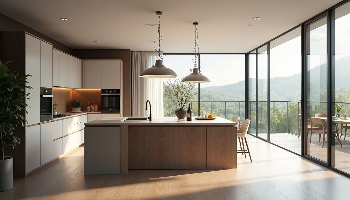 Eye-level view of a modern open concept kitchen with island and pendant lights
