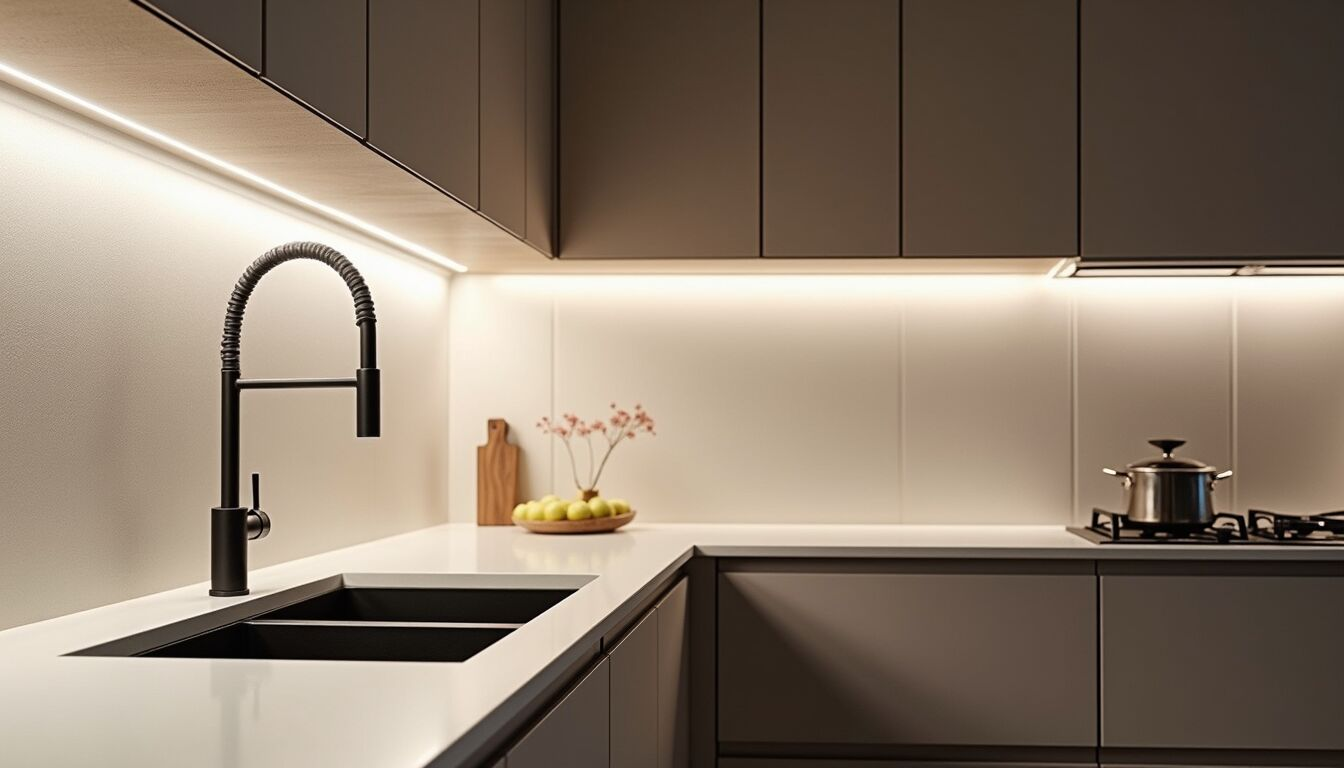 High angle view of a kitchen countertop with new backsplash and modern lighting