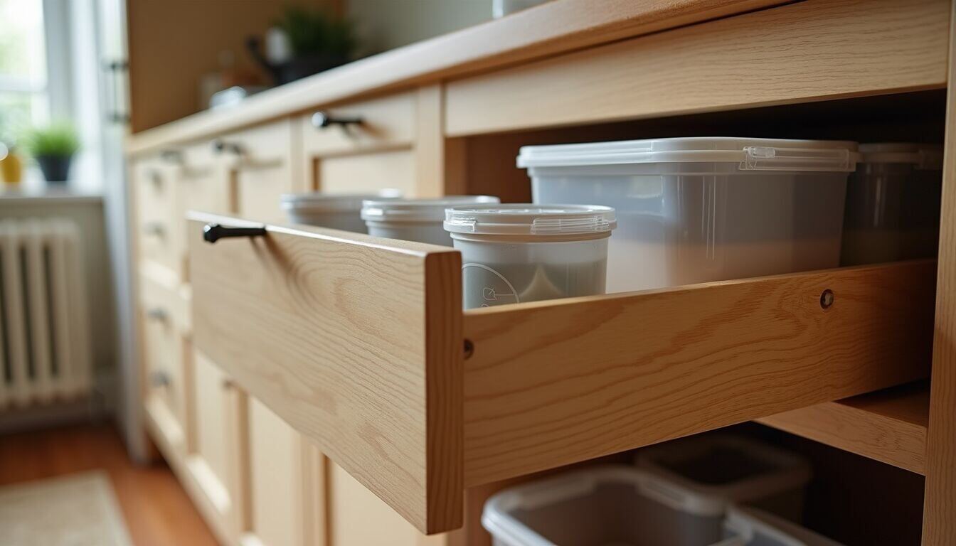 Eye-level view of kitchen cabinet with pull-out shelves and organized containers