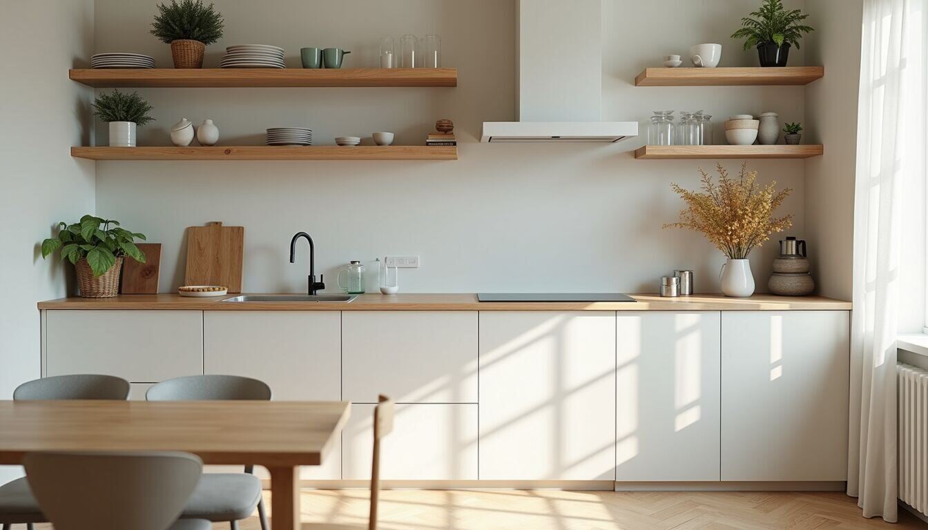 High angle view of small kitchen with open shelving and light color scheme