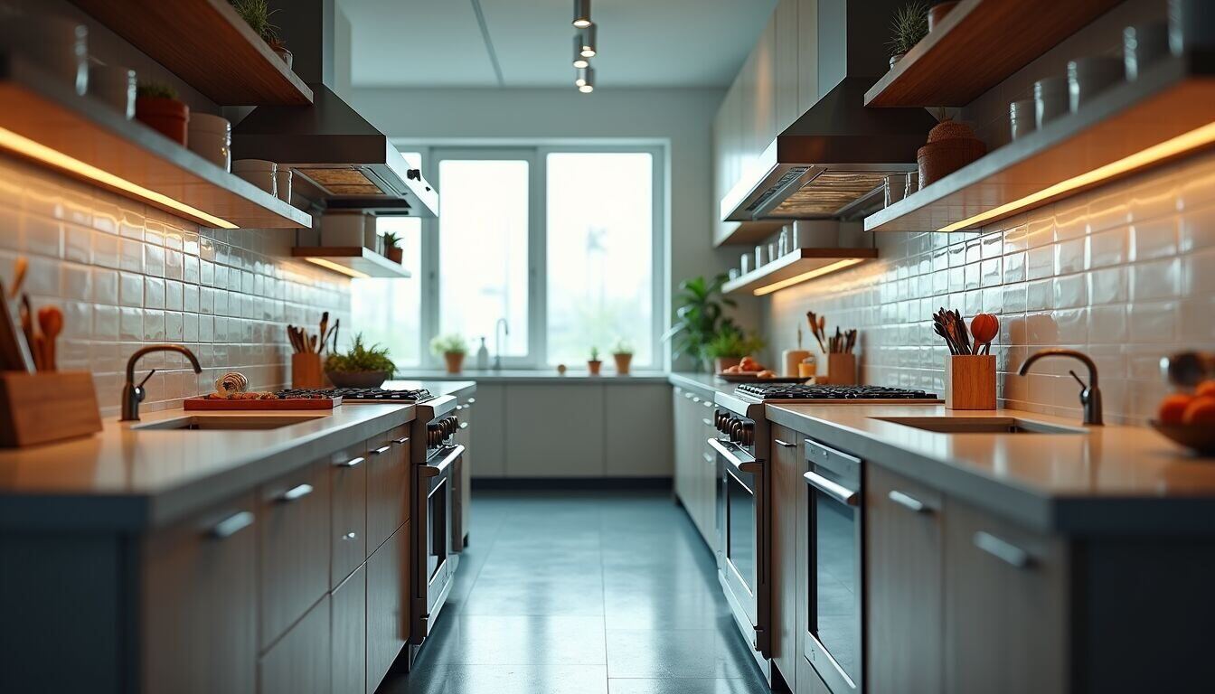 Close-up view of galley kitchen layout with parallel counters