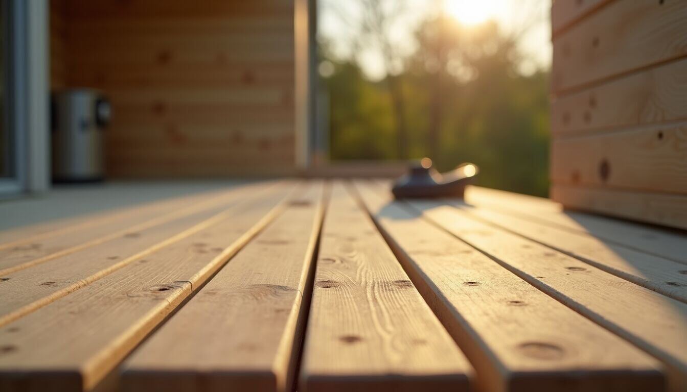 Close-up view of wooden deck construction in progress