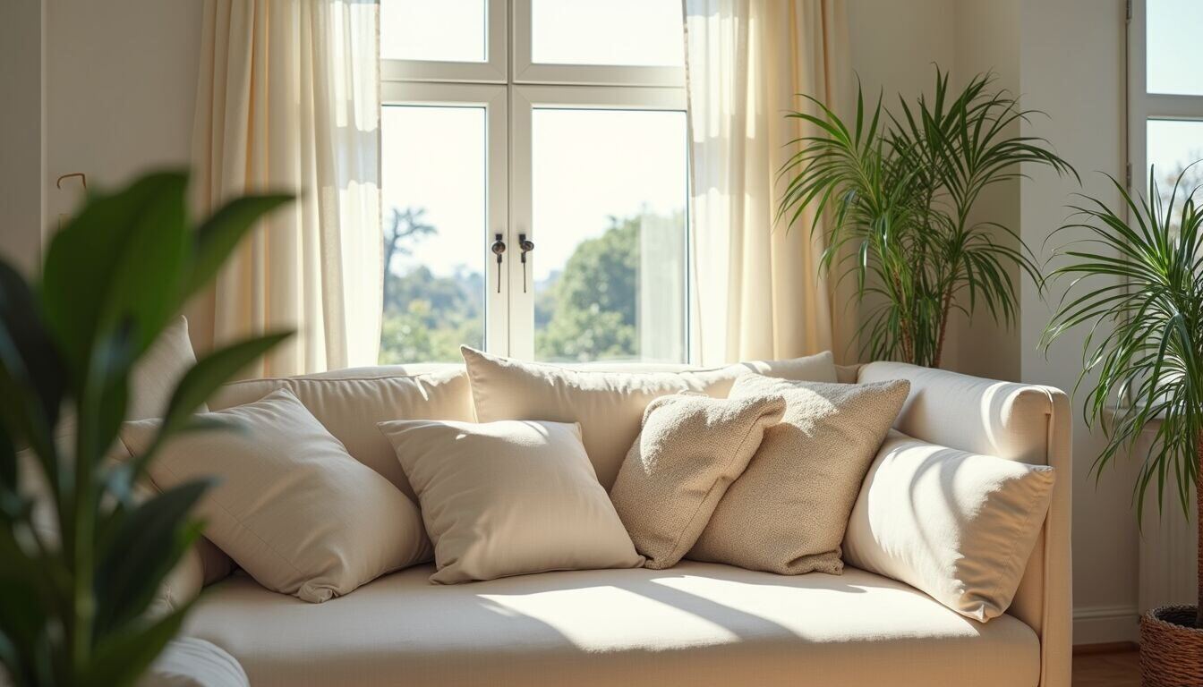Eye-level view of a bright living room with fresh cushions and plants